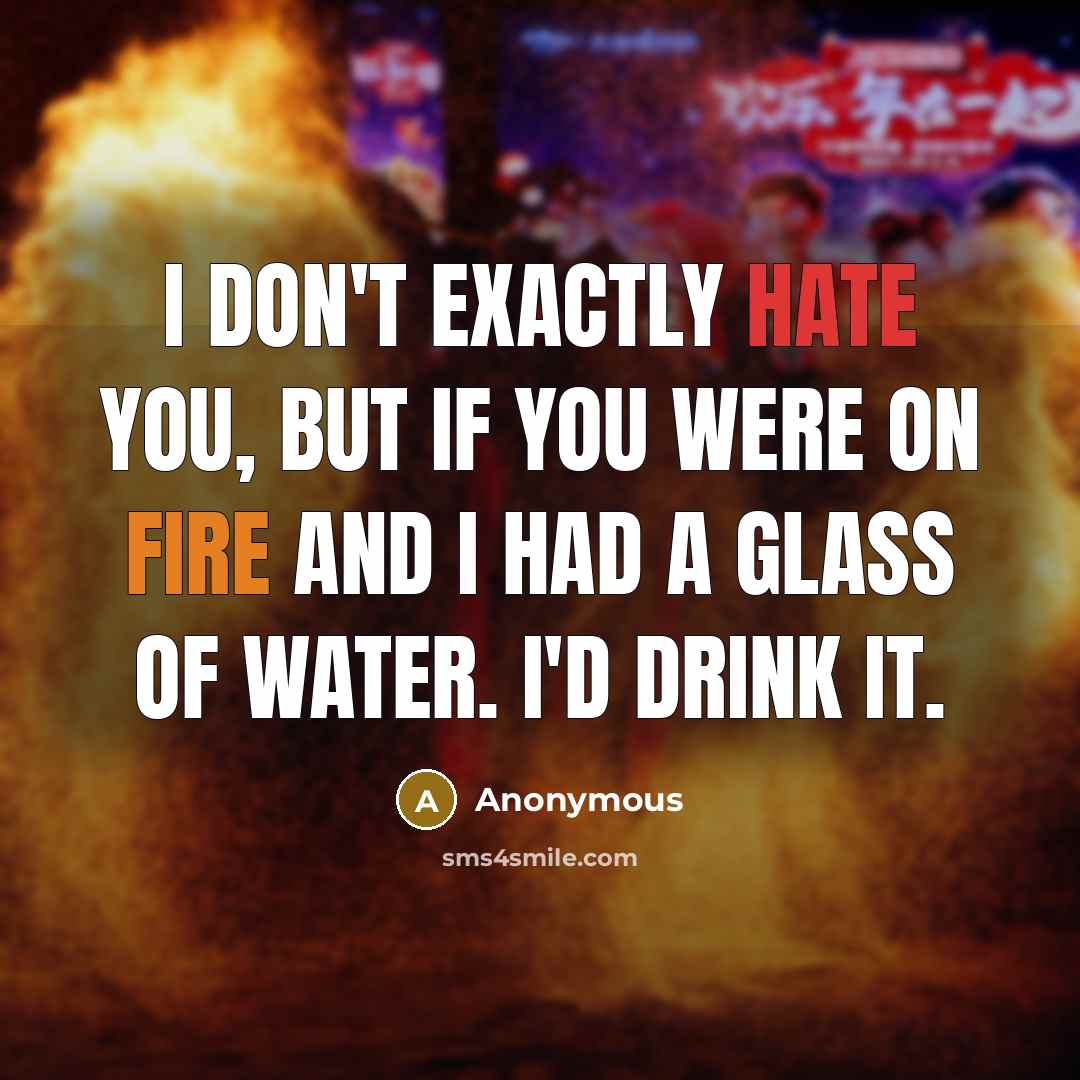 “I don't exactly hate you, but if you were on fire and I had a glass of water. I'd drink it.” quote by Anonymous