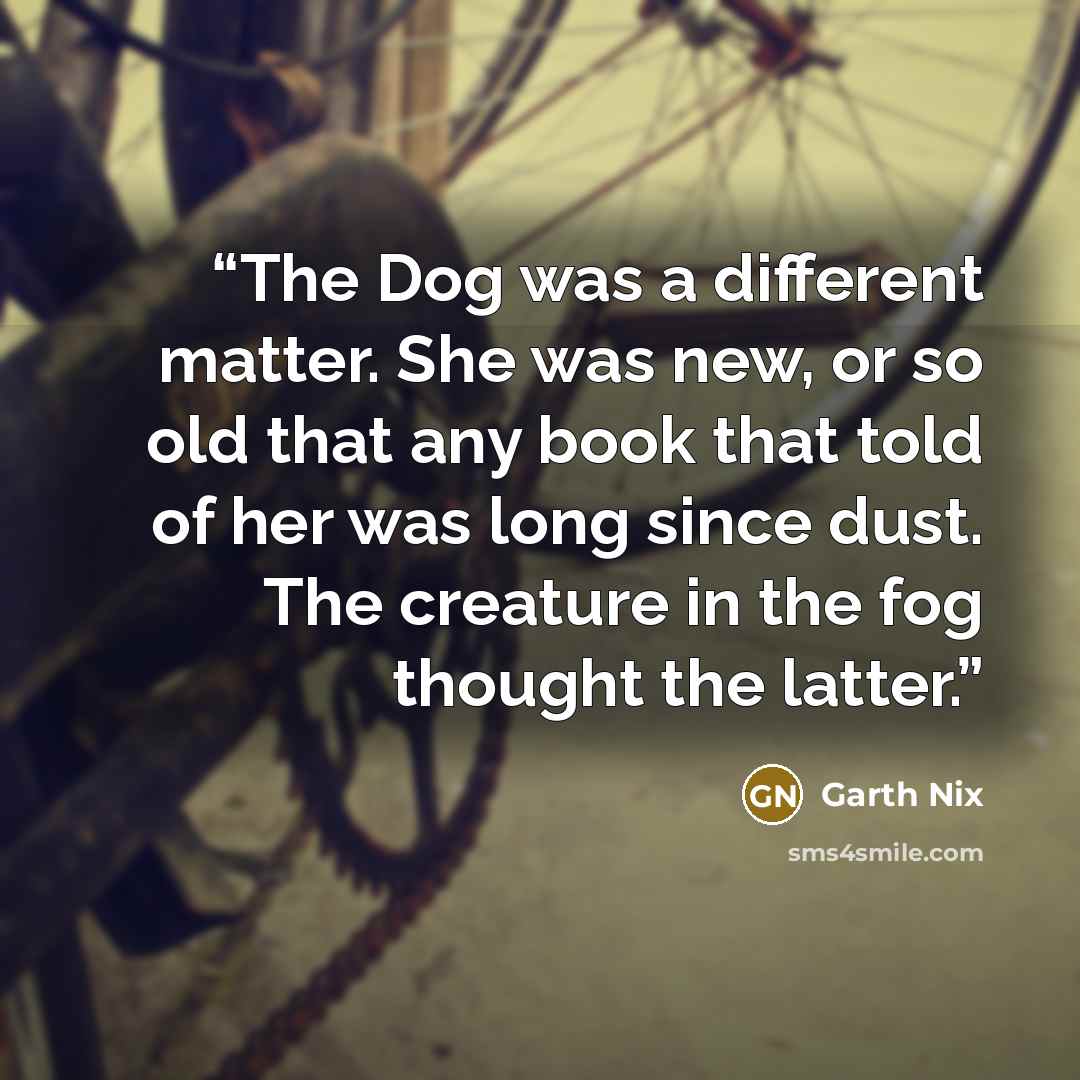 “The Dog was a different matter. She was new, or so old that any book that told of her was long since dust. The creature in the fog thought the latter.” quote by Garth Nix