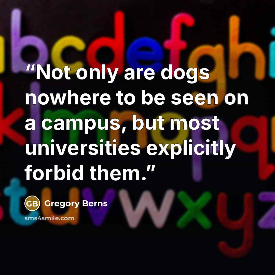 “Not only are dogs nowhere to be seen on a campus, but most universities explicitly forbid them.” quote by Gregory Berns