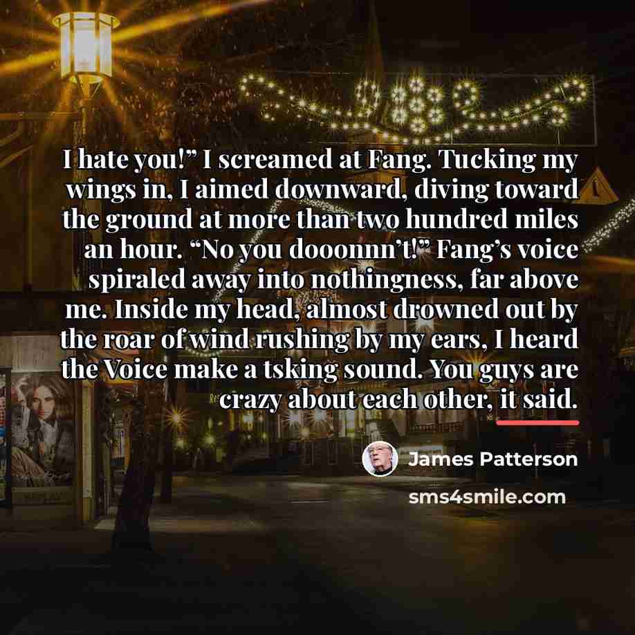 “I hate you!” I screamed at Fang. Tucking my wings…” quote by James Patterson