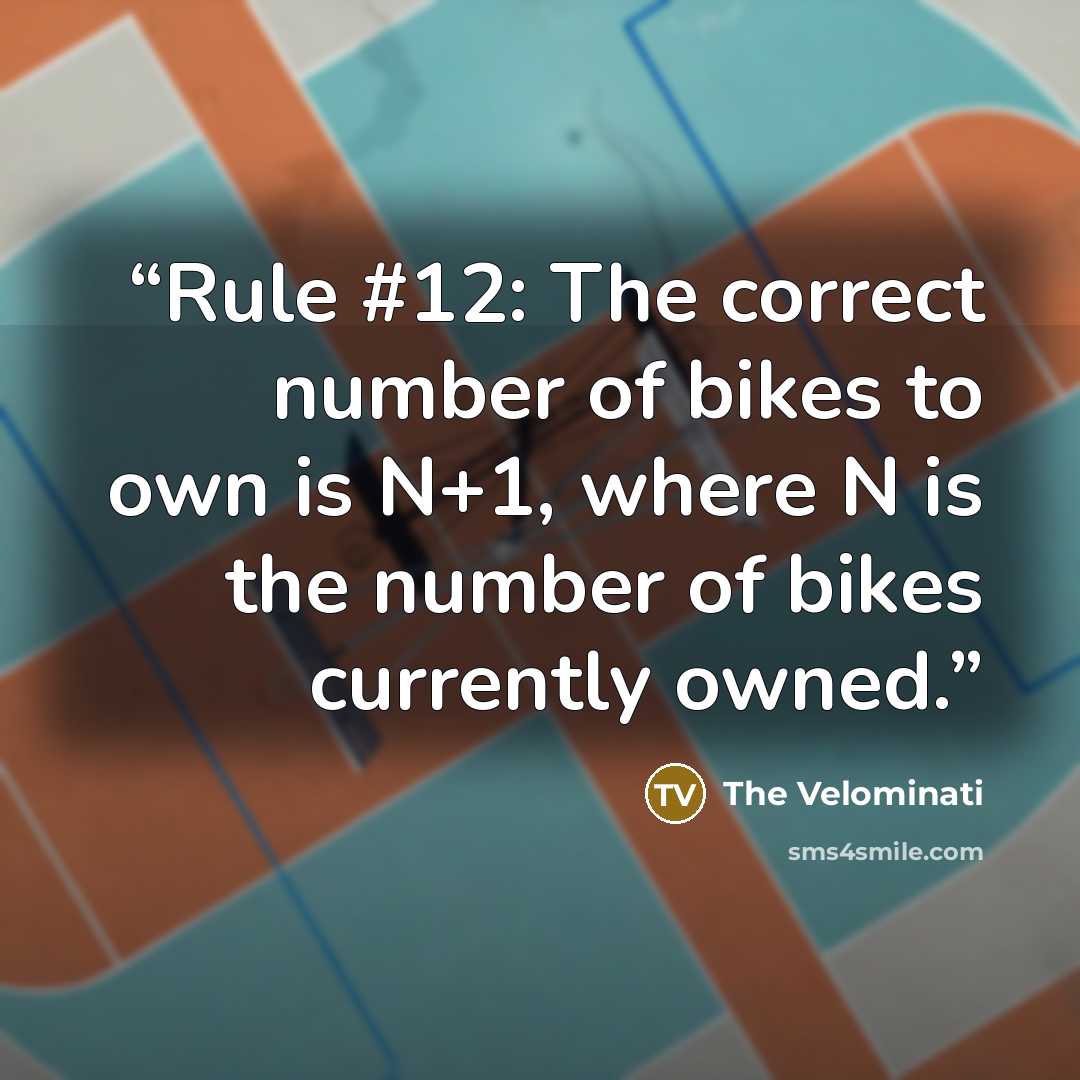 “Rule #12: The correct number of bikes to own is N+1, where N is the number of bikes currently owned.” quote by The Velominati
