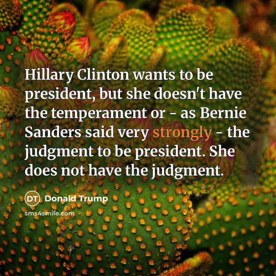 “Hillary Clinton wants to be president, but she doesn't have the temperament or - as Bernie Sanders said very strongly - the judgment to be president. She does not have the judgment.” quote by Donald Trump