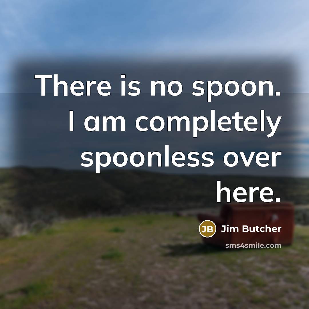 “There is no spoon. I am completely spoonless over here.…” quote by Jim Butcher