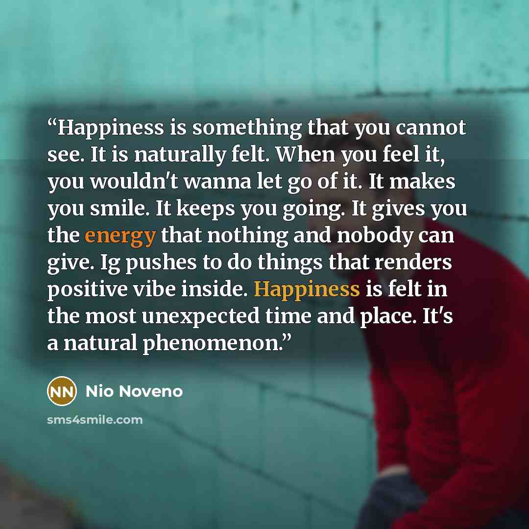 “Happiness is something that you cannot see. It is naturally felt. When you feel it, you wouldn't wanna let go of it. It makes you smile. It keeps you going. It gives you the energy that nothing and nobody can give. Ig pushes to do things that renders positive vibe inside. Happiness is felt in the…” quote by Nio Noveno