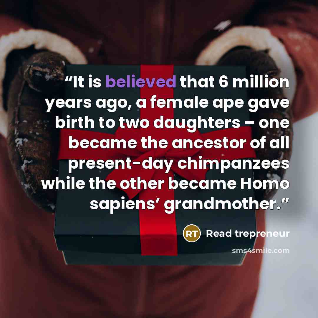 “It is believed that 6 million years ago, a female ape gave birth to two daughters – one became the ancestor of all present-day chimpanzees while the other became Homo sapiens’ grandmother.” quote by Read trepreneur
