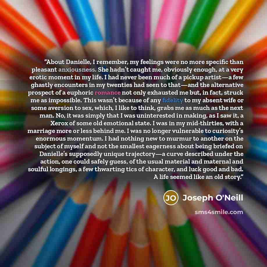 “About Danielle, I remember, my feelings were no more specific than pleasant anxiousness. She hadn’t caught me, obviously enough, at a very erotic moment in my life. I had never been much of a pickup artist—a few ghastly encounters in my twenties had seen to that—and the alternative prospect of a…” quote by Joseph O'Neill