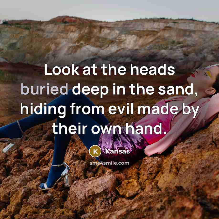 “Look at the heads buried deep in the sand, hiding…” quote by Kansas