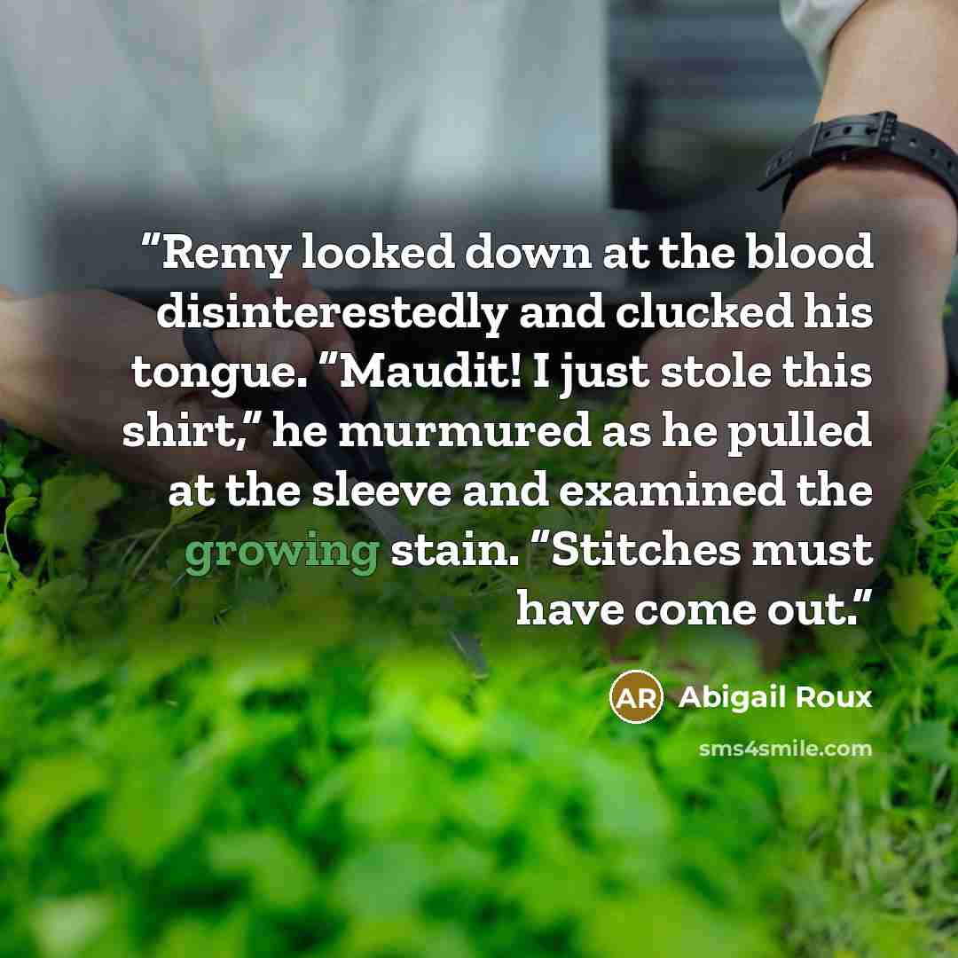 “Remy looked down at the blood disinterestedly and clucked his tongue. “Maudit! I just stole this shirt,” he murmured as he pulled at the sleeve and examined the growing stain. “Stitches must have come out.” quote by Abigail Roux