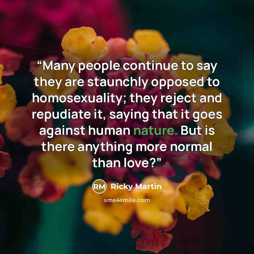 “Many people continue to say they are staunchly opposed to homosexuality; they reject and repudiate it, saying that it goes against human nature. But is there anything more normal than love?” quote by Ricky Martin