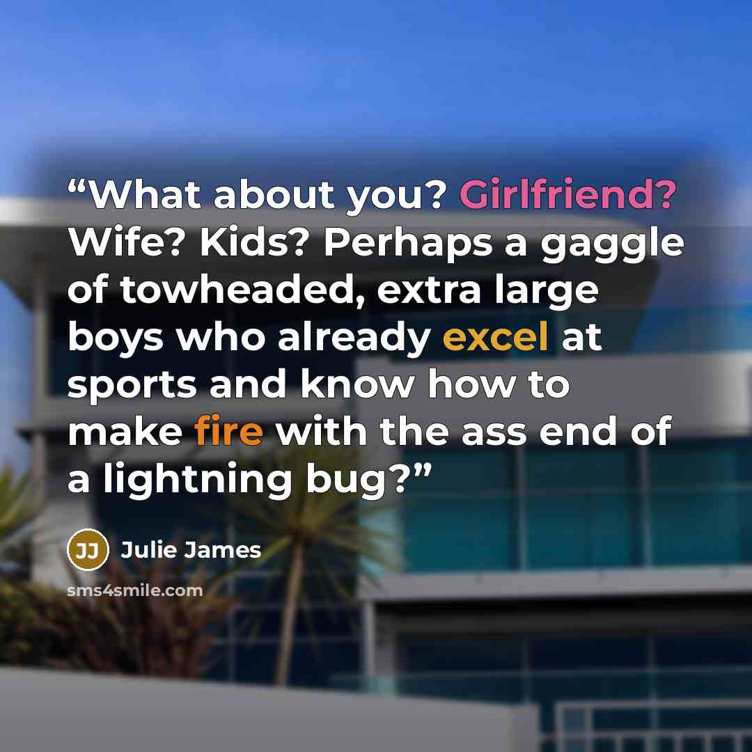 “What about you? Girlfriend? Wife? Kids? Perhaps a gaggle of towheaded, extra large boys who already excel at sports and know how to make fire with the ass end of a lightning bug?” quote by Julie James