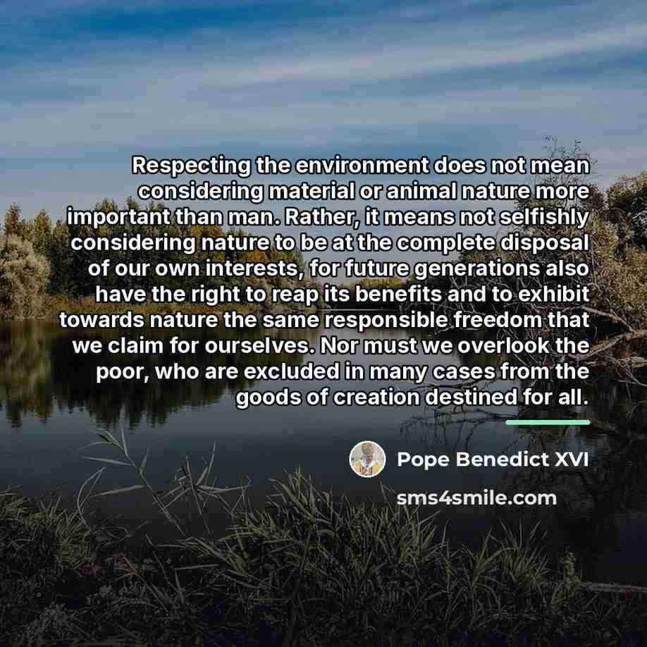 “Respecting the environment does not mean considering material or animal…” quote by Pope Benedict XVI