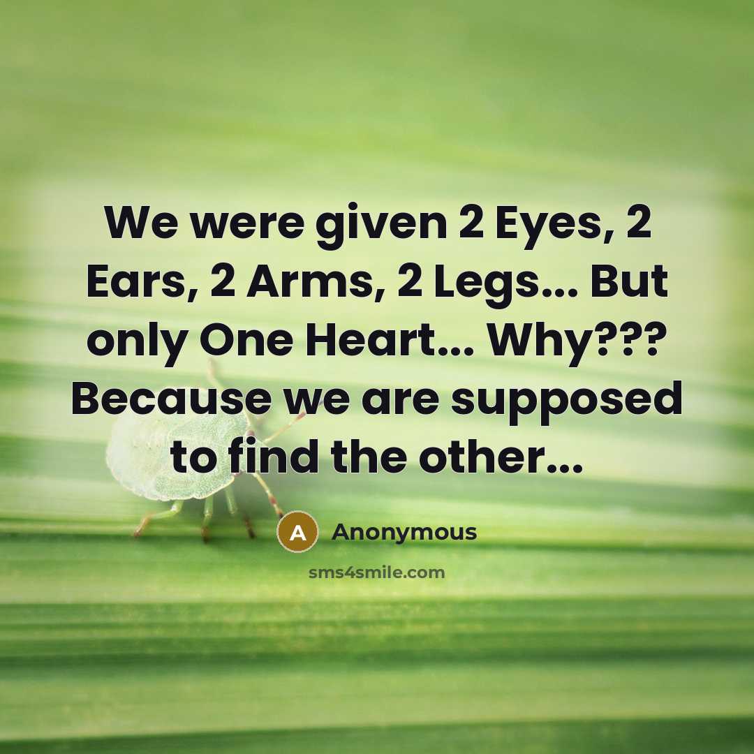 “We were given 2 Eyes, 2 Ears, 2 Arms, 2 Legs... But only One Heart... Why??? Because we are supposed to find the other...” quote by Anonymous