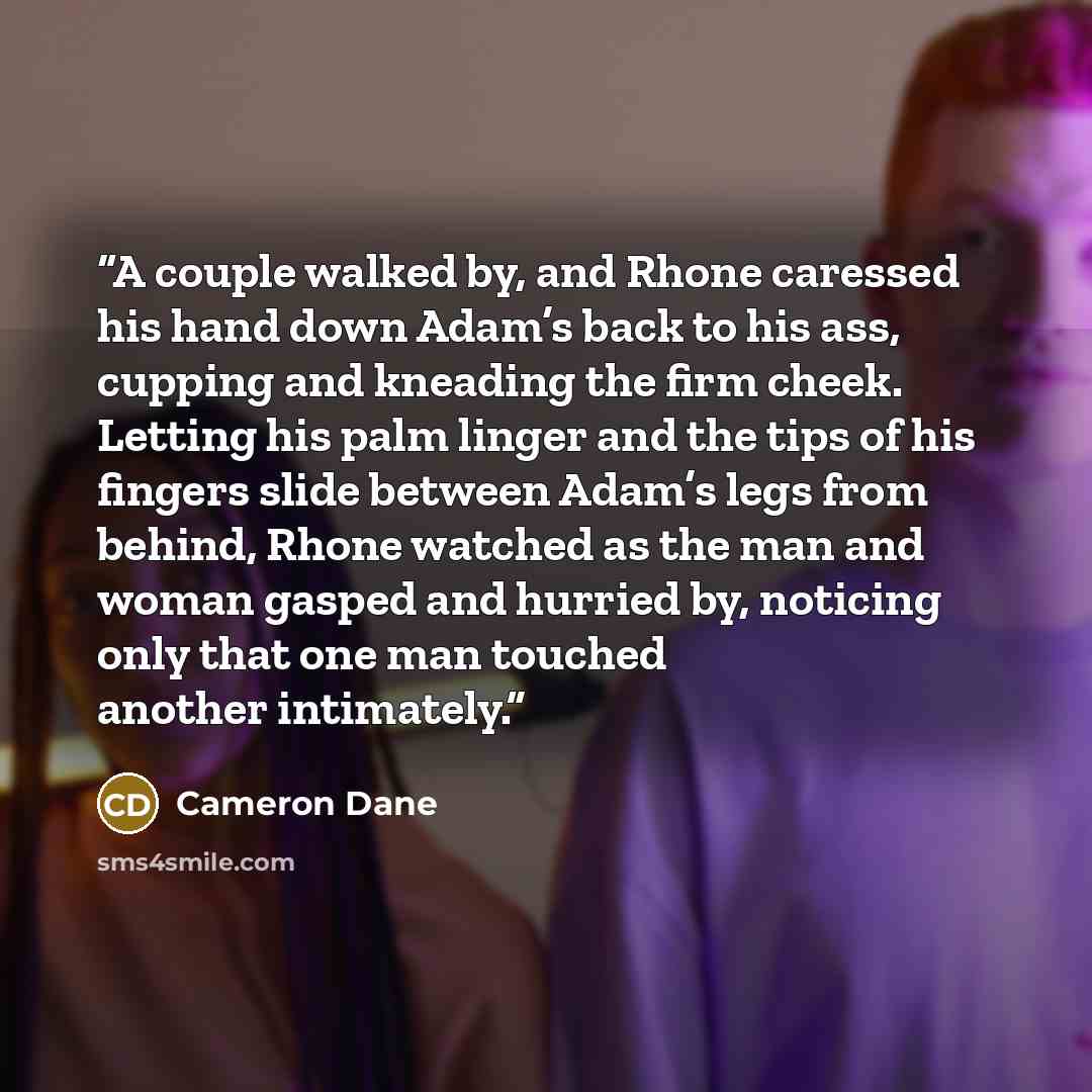 “A couple walked by, and Rhone caressed his hand down Adam’s back to his ass, cupping and kneading the firm cheek. Letting his palm linger and the tips of his fingers slide between Adam’s legs from behind, Rhone watched as the man and woman gasped and hurried by, noticing only that one man touched…” quote by Cameron Dane