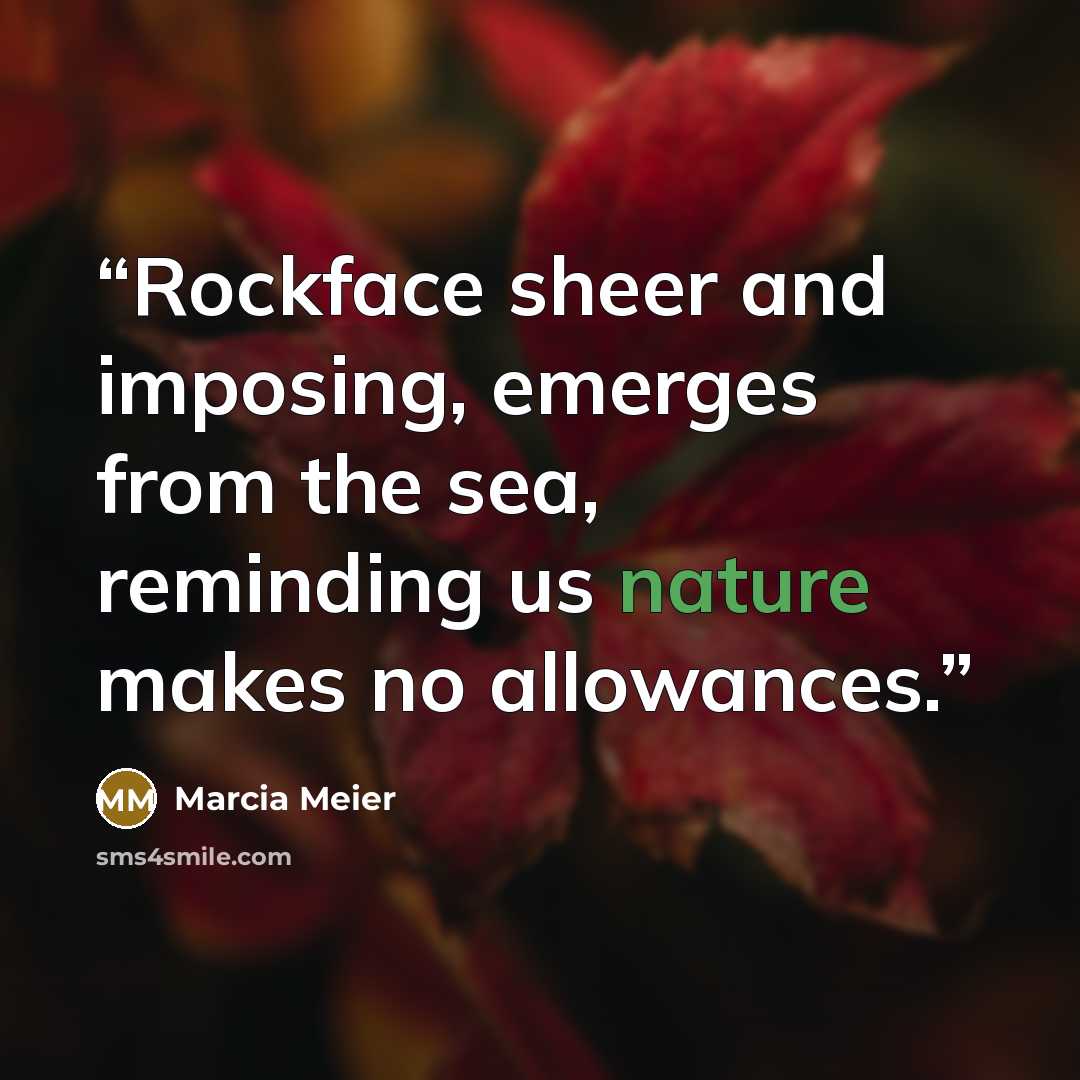 “Rockface sheer and imposing, emerges from the sea, reminding us nature makes no allowances.” quote by Marcia Meier