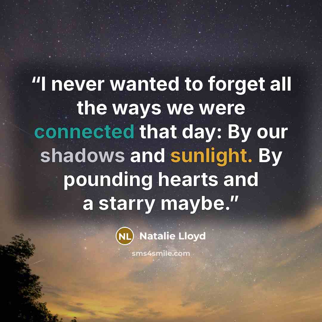 “I never wanted to forget all the ways we were connected that day: By our shadows and sunlight. By pounding hearts and a starry maybe.” quote by Natalie Lloyd