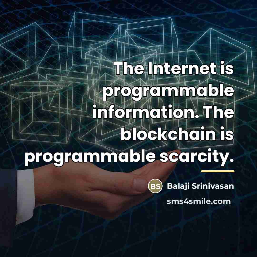 “The Internet is programmable information. The blockchain is programmable scarcity.…” quote by Balaji Srinivasan