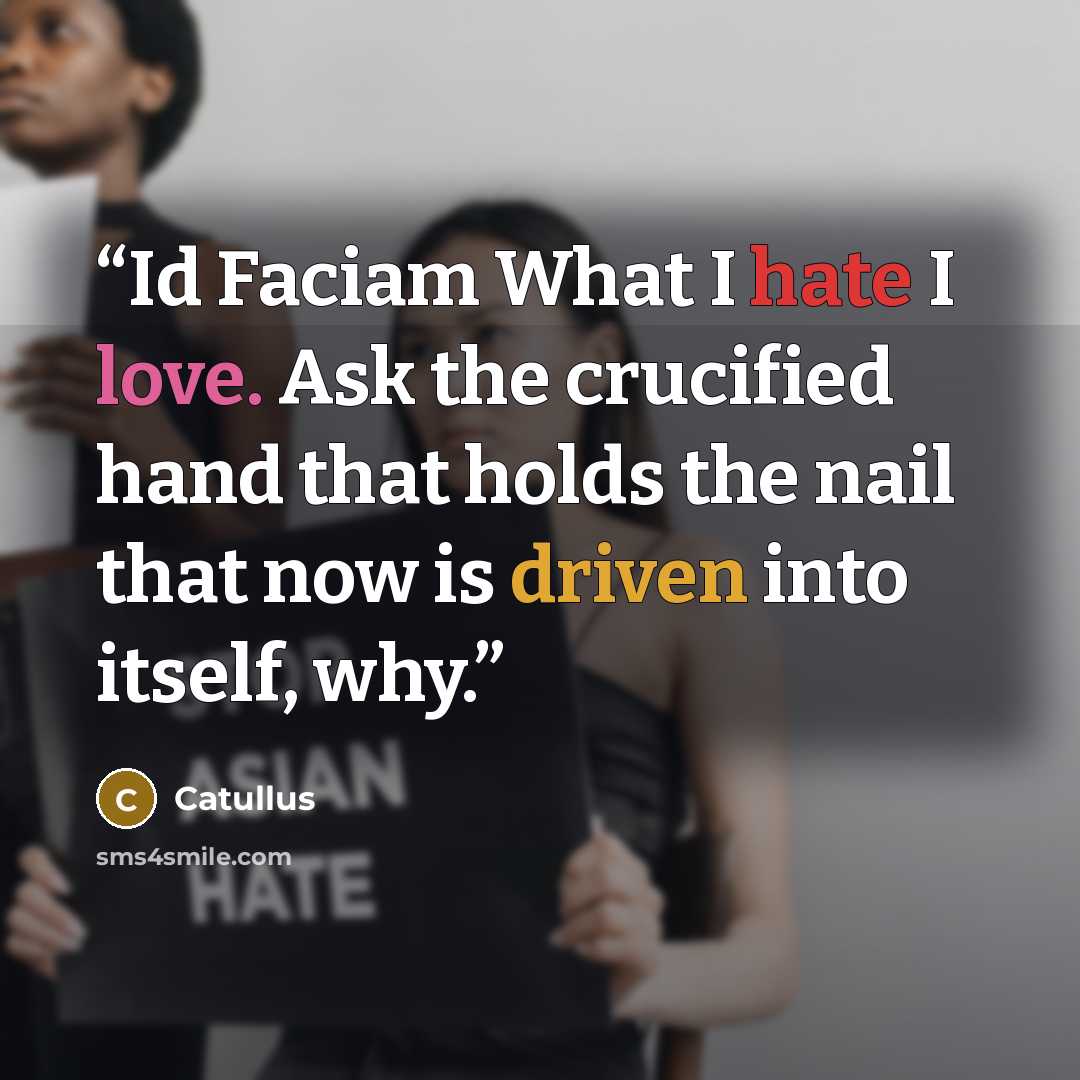 “Id Faciam What I hate I love. Ask the crucified hand that holds the nail that now is driven into itself, why.” quote by Catullus