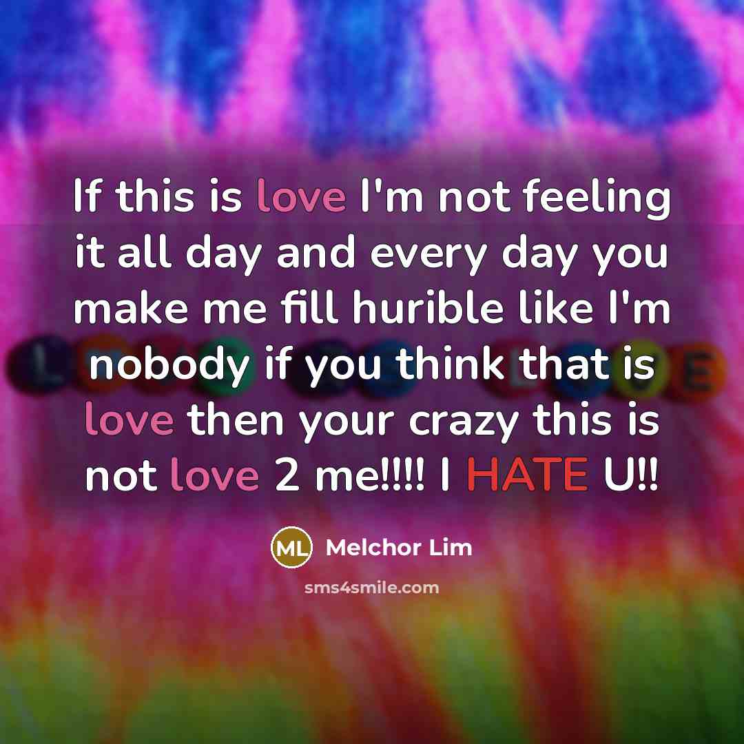 “If this is love I'm not feeling it all day and every day you make me fill hurible like I'm nobody if you think that is love then your crazy this is not love 2 me!!!! I HATE U!!” quote by Melchor Lim