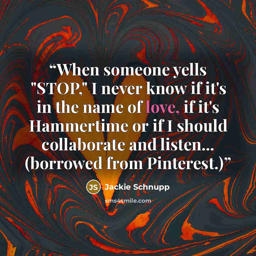 “When someone yells "STOP," I never know if it's in the name of love, if it's Hammertime or if I should collaborate and listen... (borrowed from Pinterest.)” quote by Jackie Schnupp