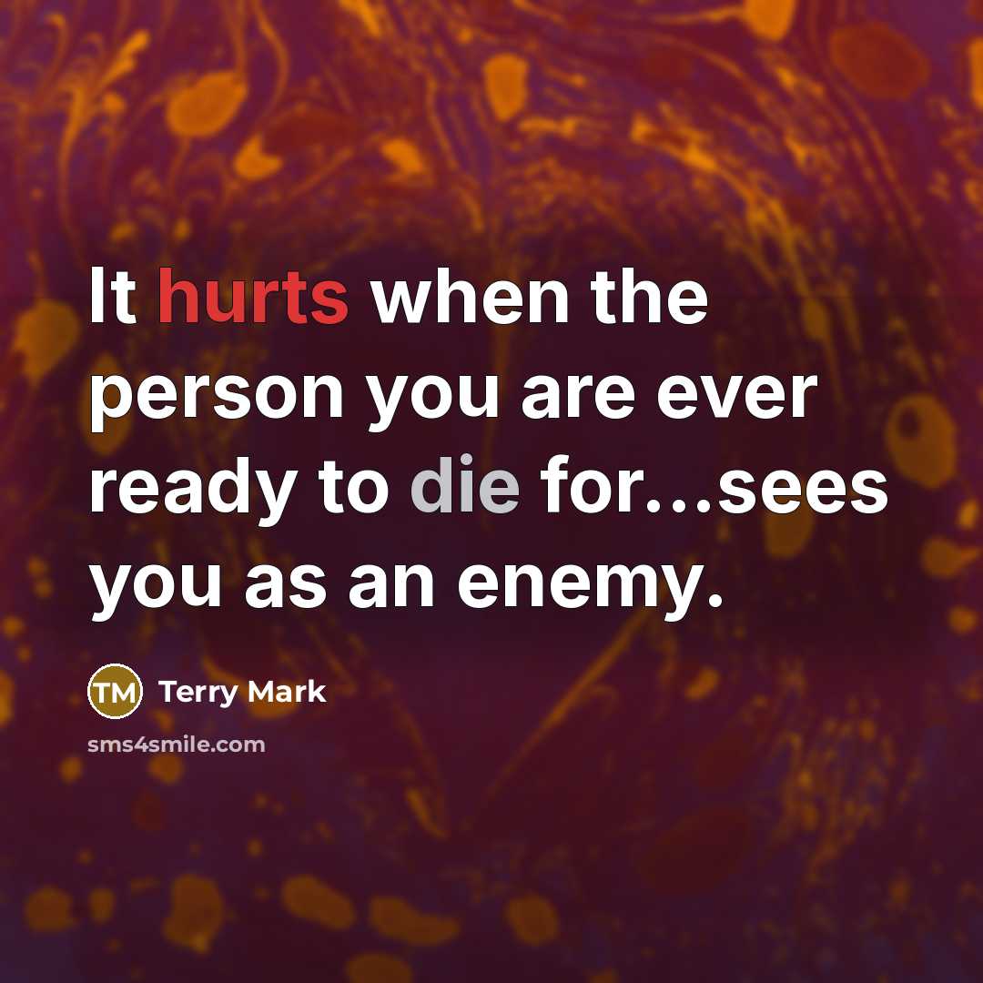 “It hurts when the person you are ever ready to die for...sees you as an enemy.” quote by Terry Mark