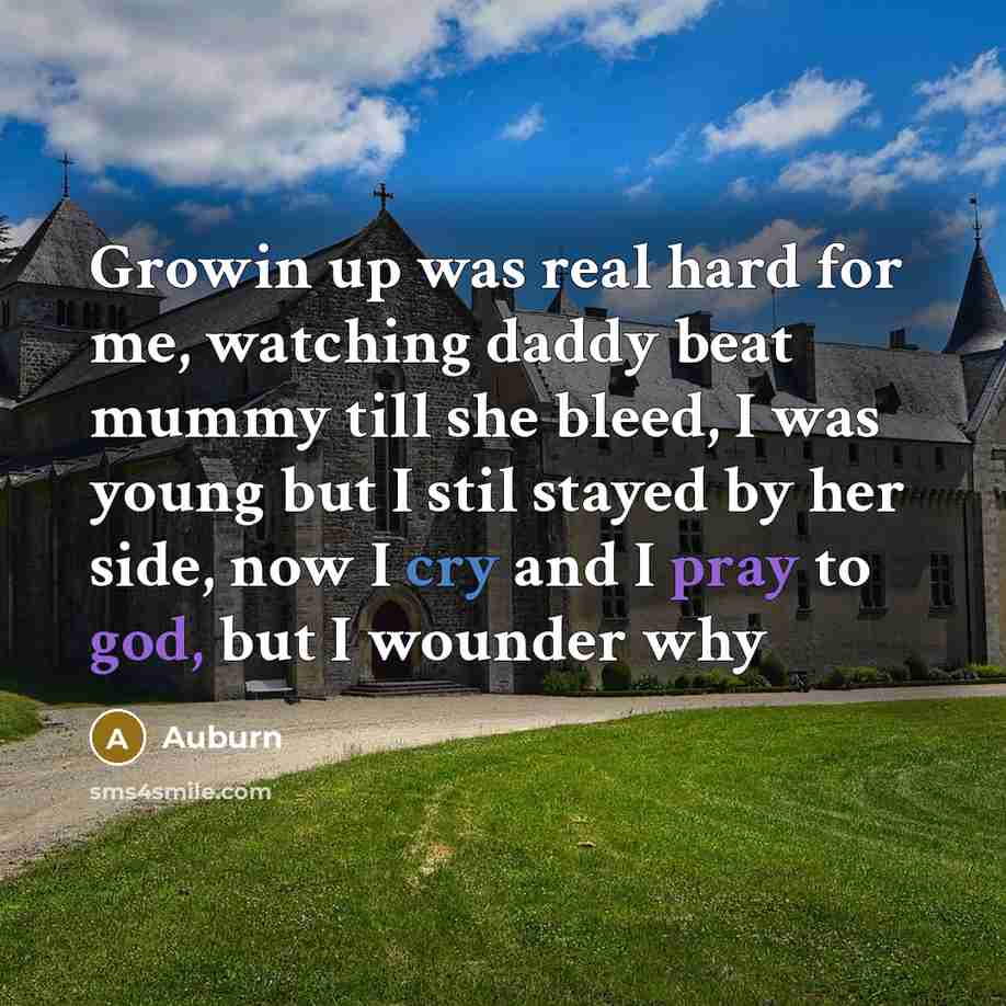 “Growin up was real hard for me, watching daddy beat mummy till she bleed, I was young but I stil stayed by her side, now I cry and I pray to god, but I wounder why” quote by Auburn