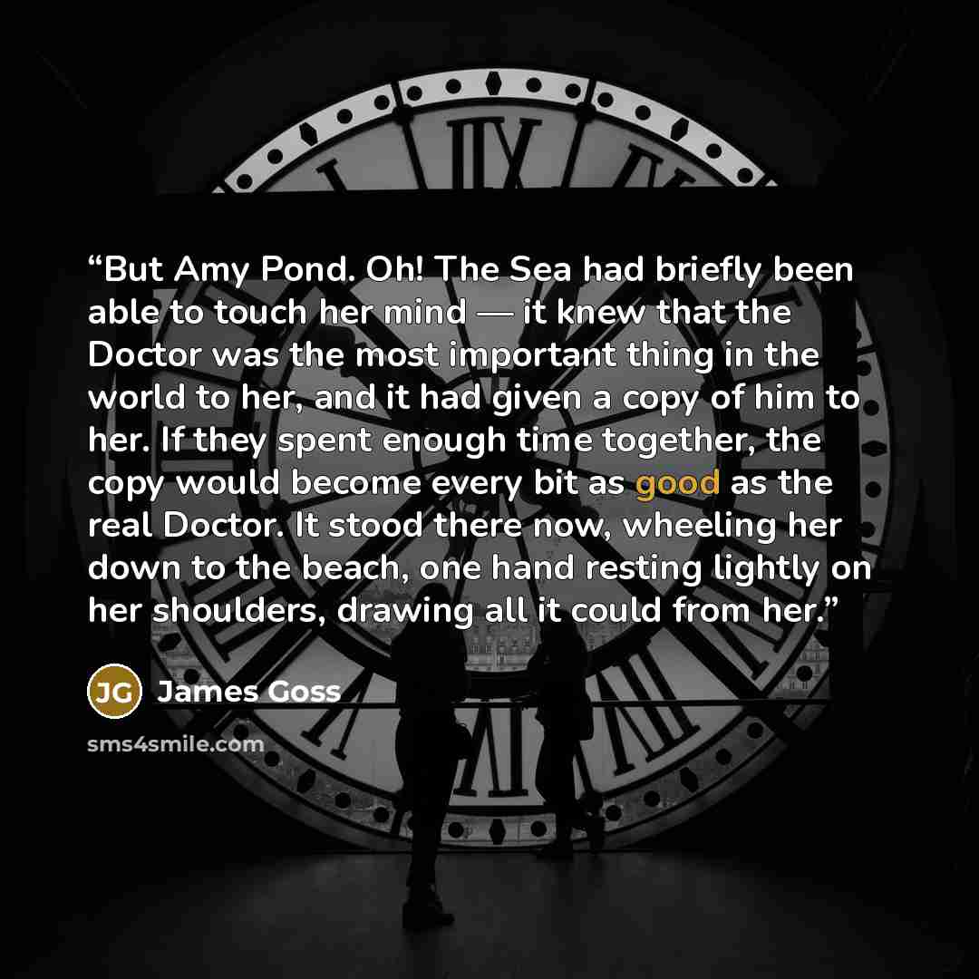 “But Amy Pond. Oh! The Sea had briefly been able to touch her mind — it knew that the Doctor was the most important thing in the world to her, and it had given a copy of him to her. If they spent enough time together, the copy would become every bit as good as the real Doctor. It stood there now…” quote by James Goss