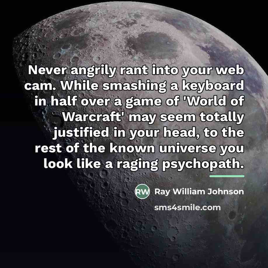 “Never angrily rant into your web cam. While smashing a…” quote by Ray William Johnson