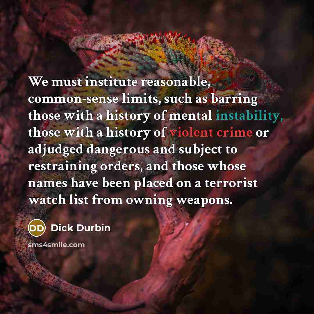 “We must institute reasonable, common-sense limits, such as barring those with a history of mental instability, those with a history of violent crime or adjudged dangerous and subject to restraining orders, and those whose names have been placed on a terrorist watch list from owning weapons.” quote by Dick Durbin