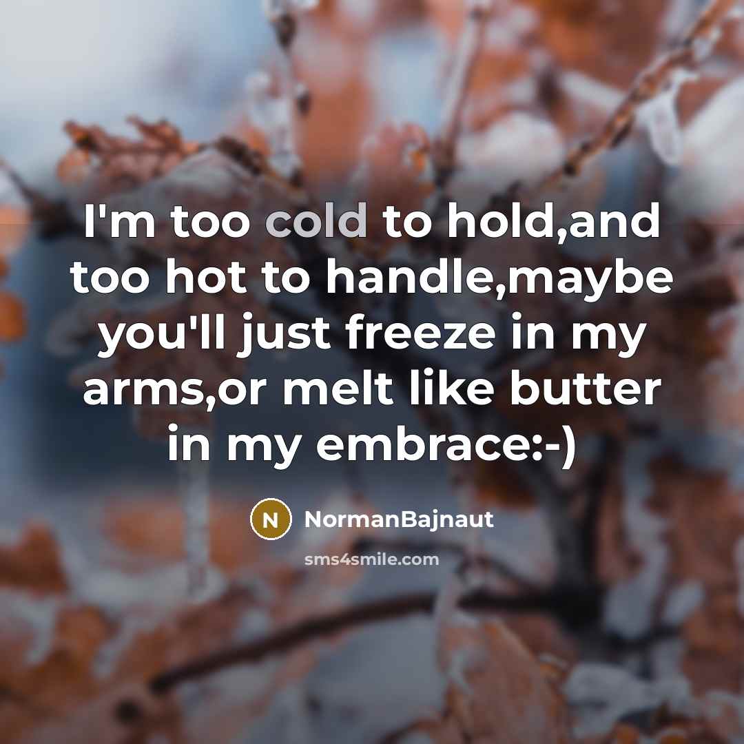 “I'm too cold to hold,and too hot to handle,maybe you'll just freeze in my arms,or melt like butter in my embrace:-)” quote by NormanBajnaut