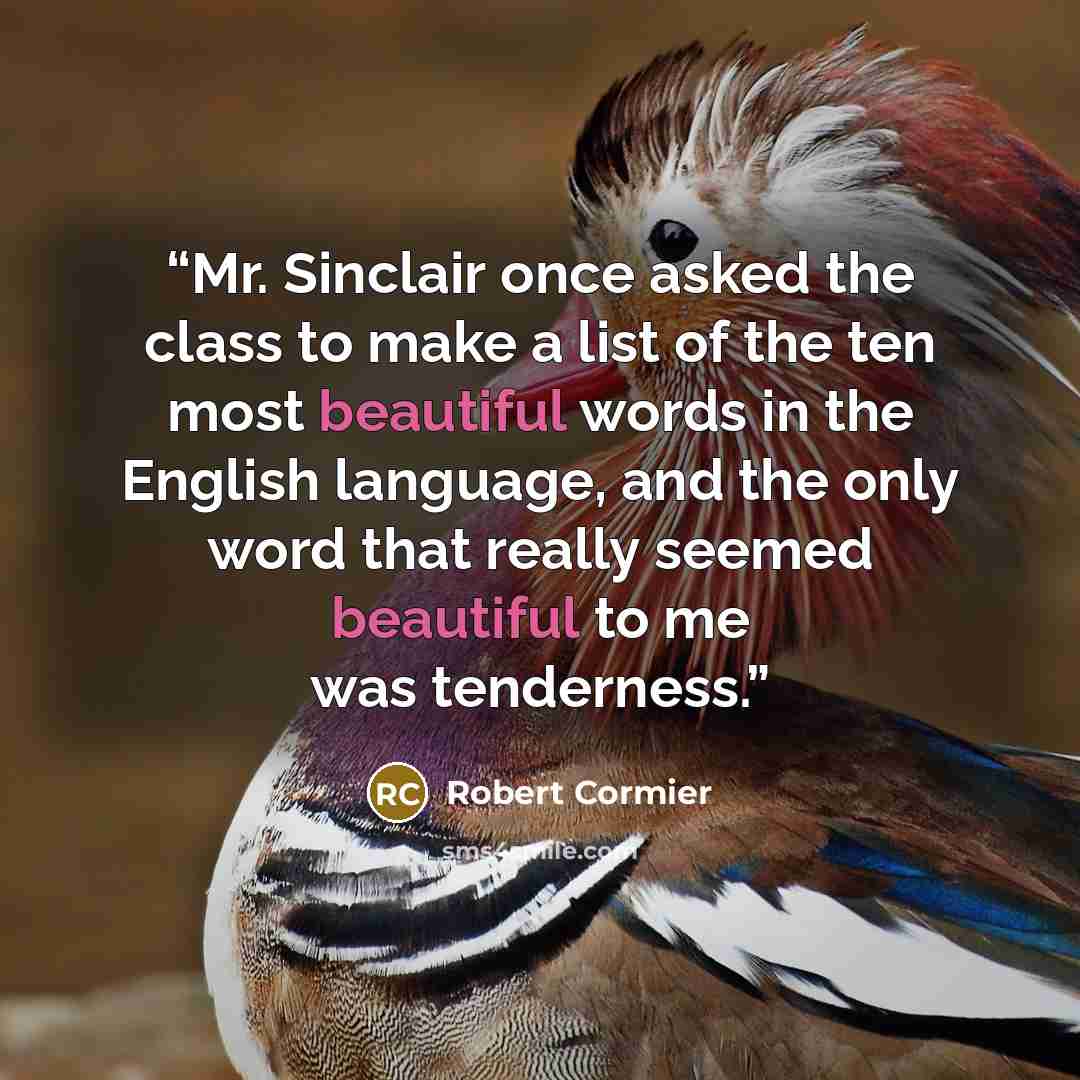 “Mr. Sinclair once asked the class to make a list of the ten most beautiful words in the English language, and the only word that really seemed beautiful to me was tenderness.” quote by Robert Cormier