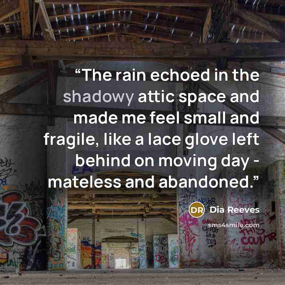 “The rain echoed in the shadowy attic space and made me feel small and fragile, like a lace glove left behind on moving day - mateless and abandoned.” quote by Dia Reeves