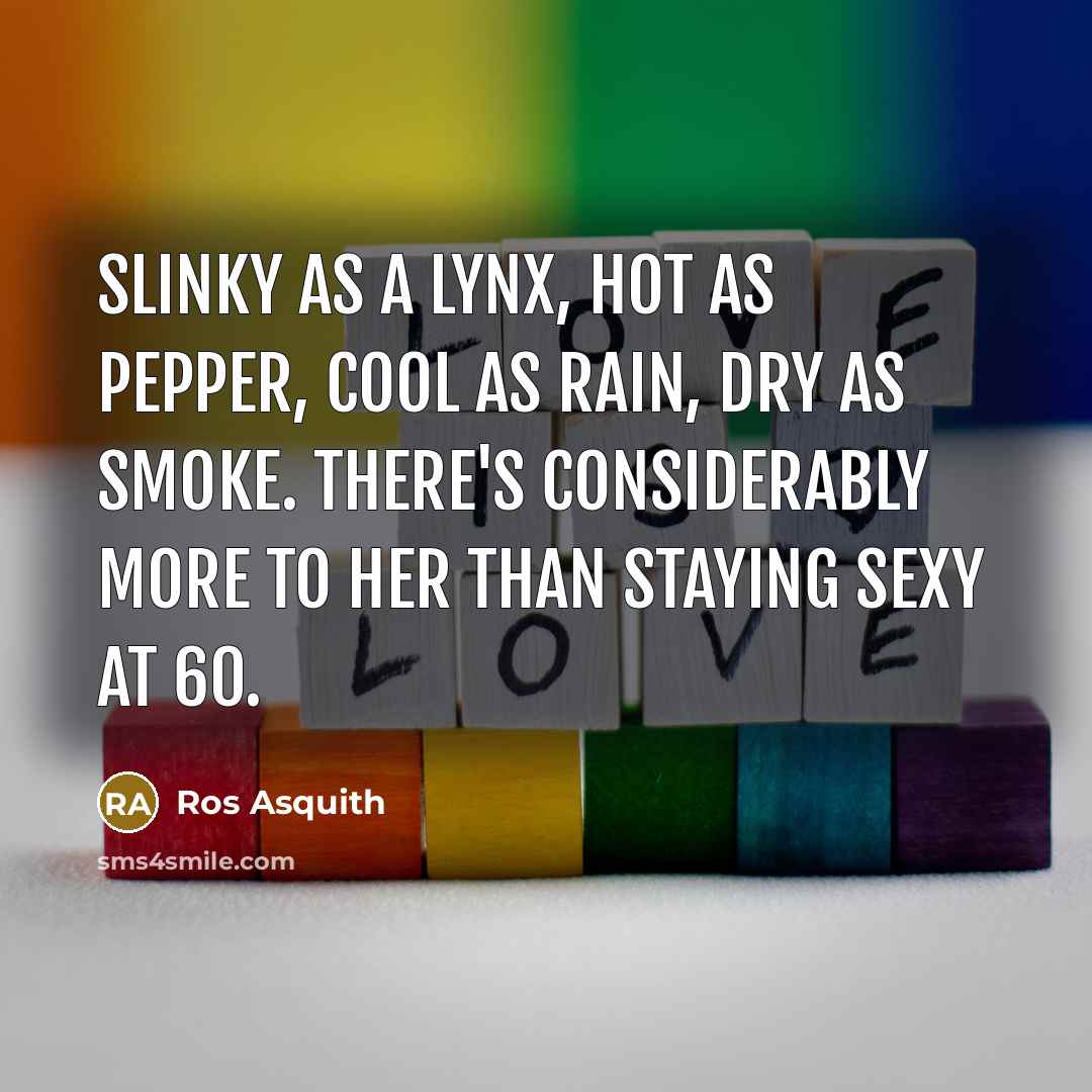 “Slinky as a lynx, hot as pepper, cool as rain, dry as smoke. There's considerably more to her than staying sexy at 60.” quote by Ros Asquith