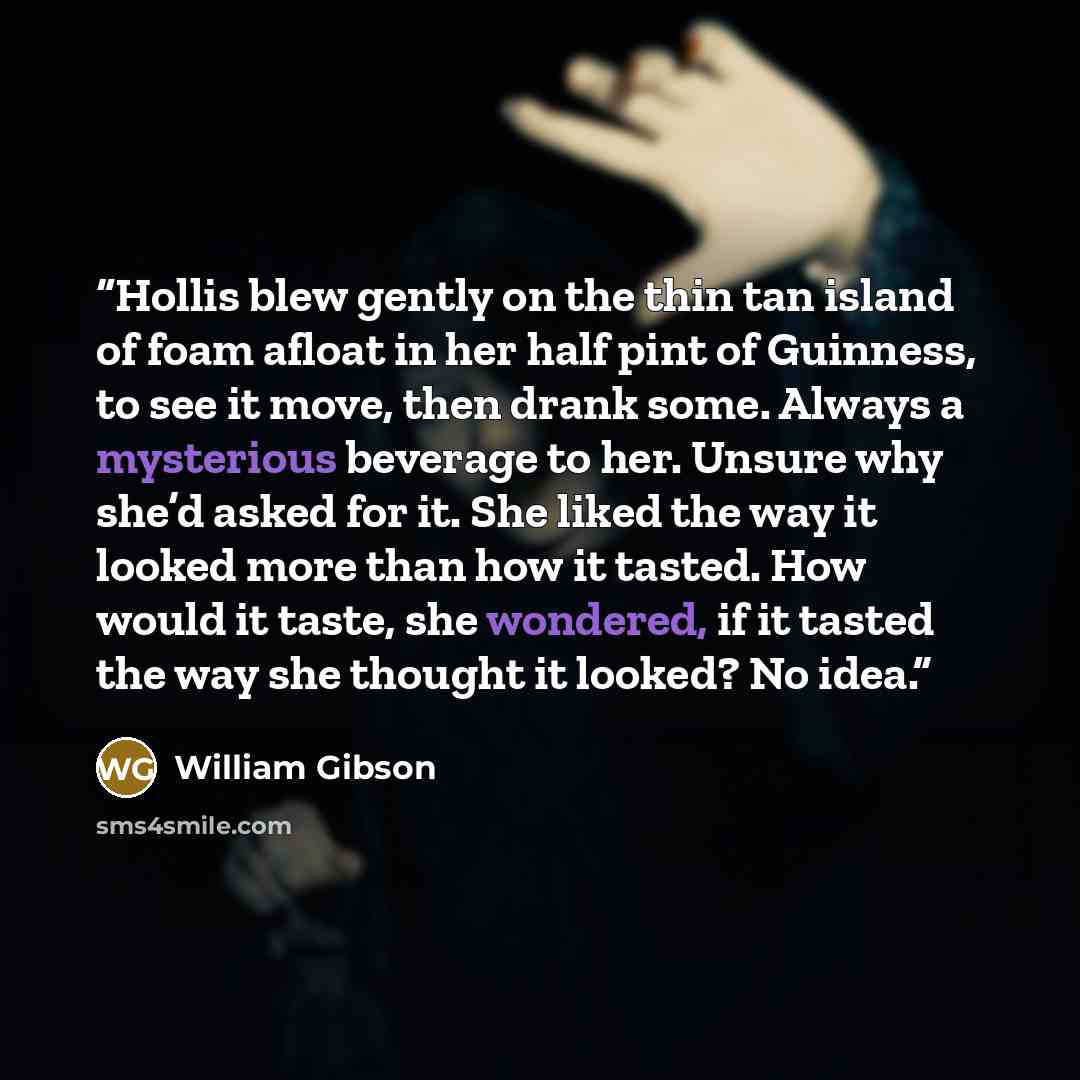 “Hollis blew gently on the thin tan island of foam afloat in her half pint of Guinness, to see it move, then drank some. Always a mysterious beverage to her. Unsure why she’d asked for it. She liked the way it looked more than how it tasted. How would it taste, she wondered, if it tasted the way…” quote by William Gibson