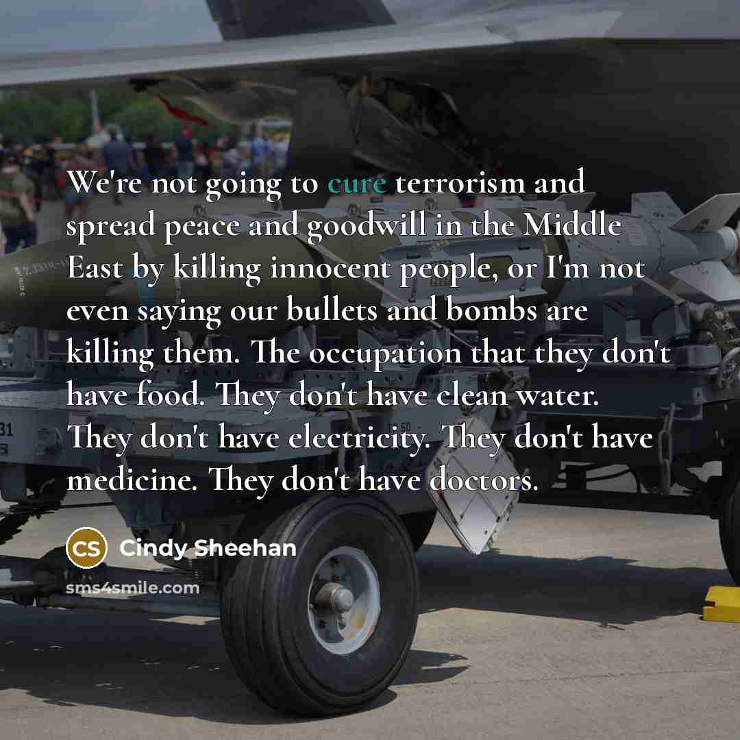 “We're not going to cure terrorism and spread peace and…” quote by Cindy Sheehan