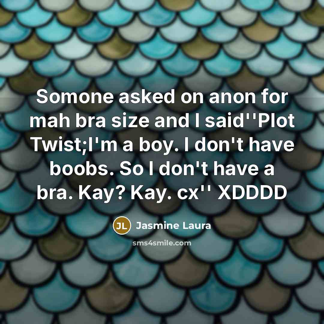 “Somone asked on anon for mah bra size and I said''Plot Twist;I'm a boy. I don't have boobs. So I don't have a bra. Kay? Kay. cx'' XDDDD” quote by Jasmine Laura