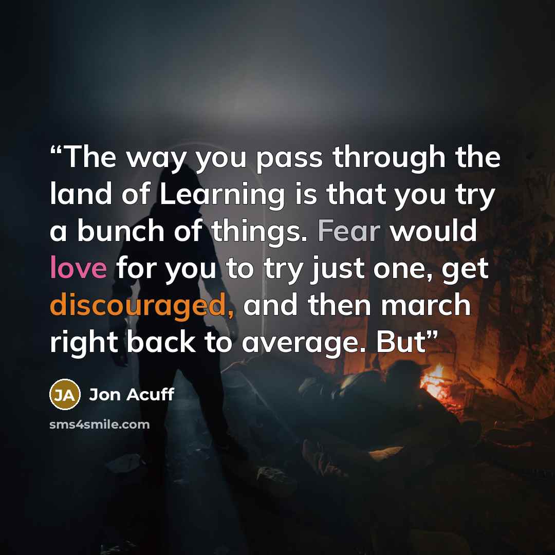 “The way you pass through the land of Learning is that you try a bunch of things. Fear would love for you to try just one, get discouraged, and then march right back to average. But” quote by Jon Acuff