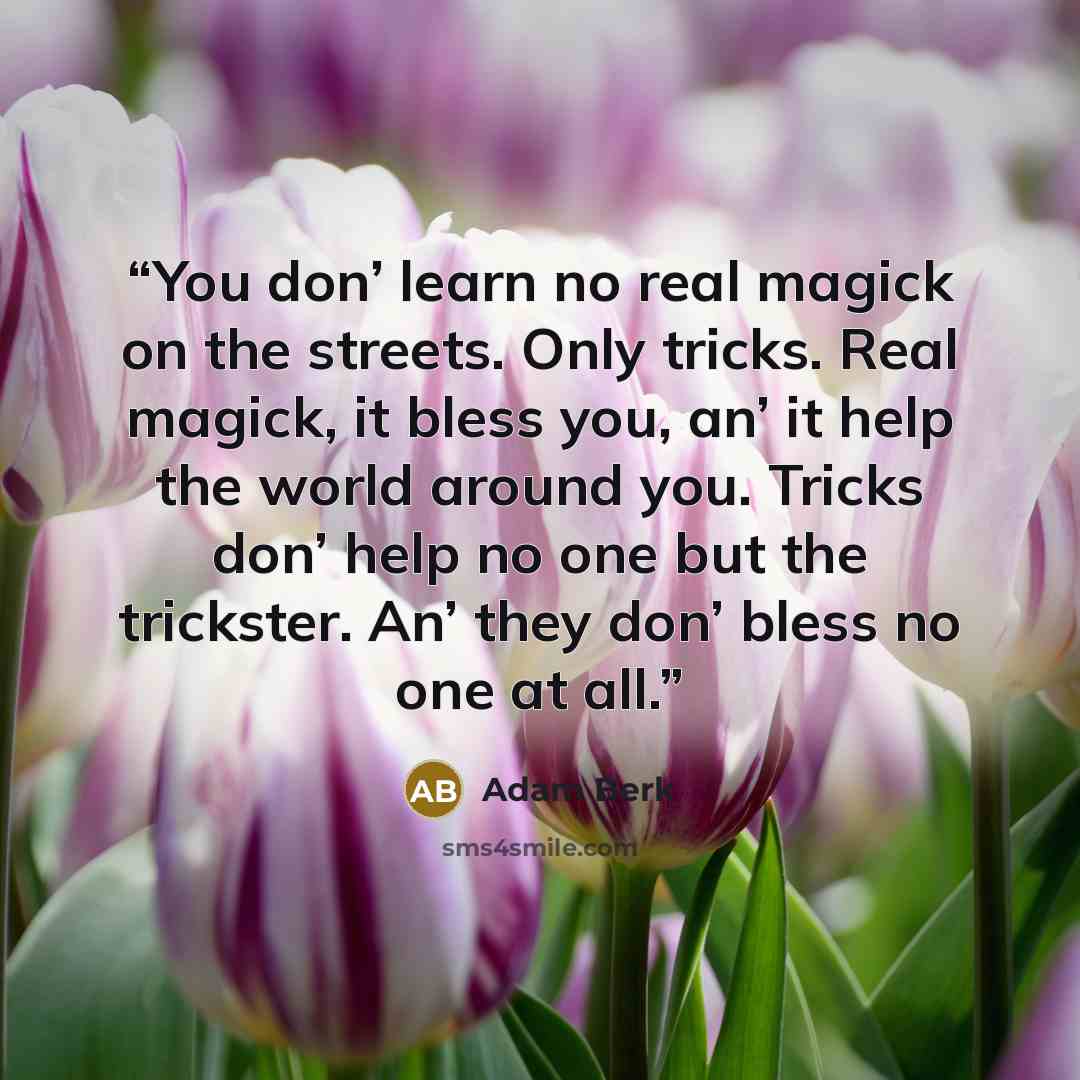 “You don’ learn no real magick on the streets. Only tricks. Real magick, it bless you, an’ it help the world around you. Tricks don’ help no one but the trickster. An’ they don’ bless no one at all.” quote by Adam Berk
