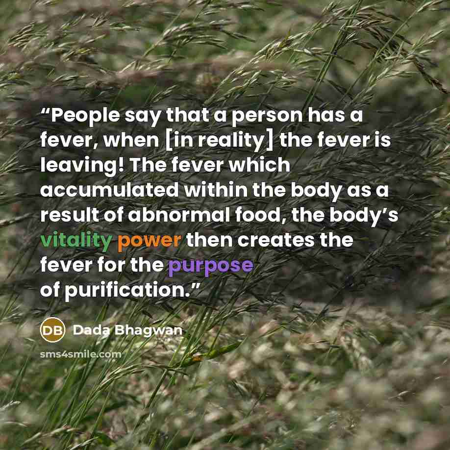 “People say that a person has a fever, when [in reality] the fever is leaving! The fever which accumulated within the body as a result of abnormal food, the body’s vitality power then creates the fever for the purpose of purification.” quote by Dada Bhagwan