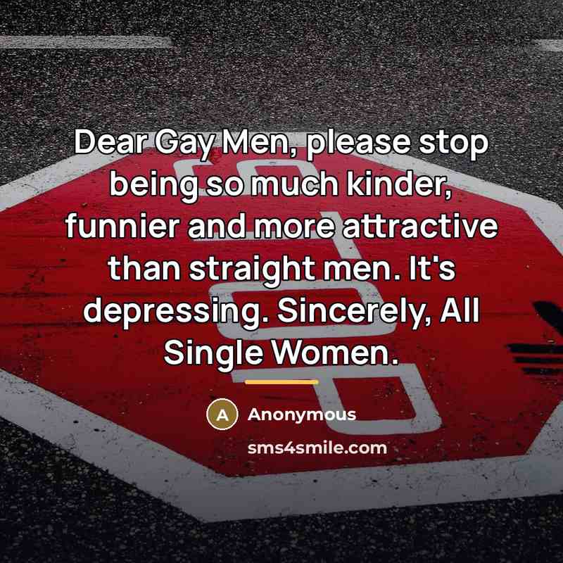 “Dear Gay Men, please stop being so much kinder, funnier…” quote by Anonymous