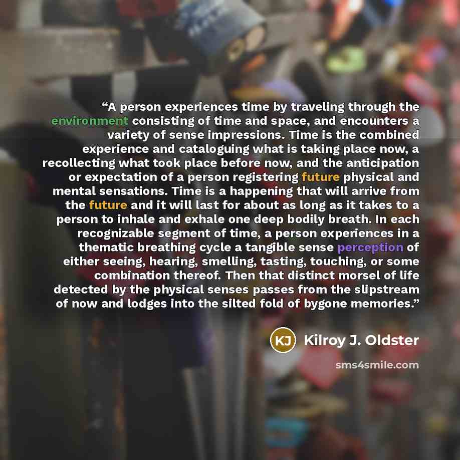 “A person experiences time by traveling through the environment consisting of time and space, and encounters a variety of sense impressions. Time is the combined experience and cataloguing what is taking place now, a recollecting what took place before now, and the anticipation or expectation of a…” quote by Kilroy J. Oldster