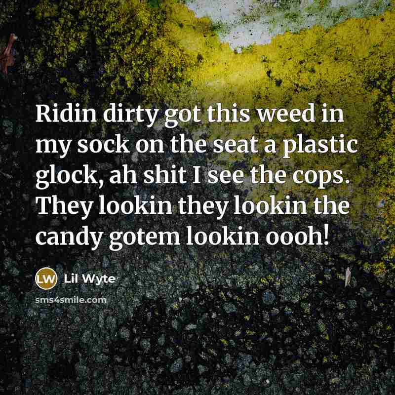 “Ridin dirty got this weed in my sock on the seat a plastic glock, ah shit I see the cops. They lookin they lookin the candy gotem lookin oooh!” quote by Lil Wyte