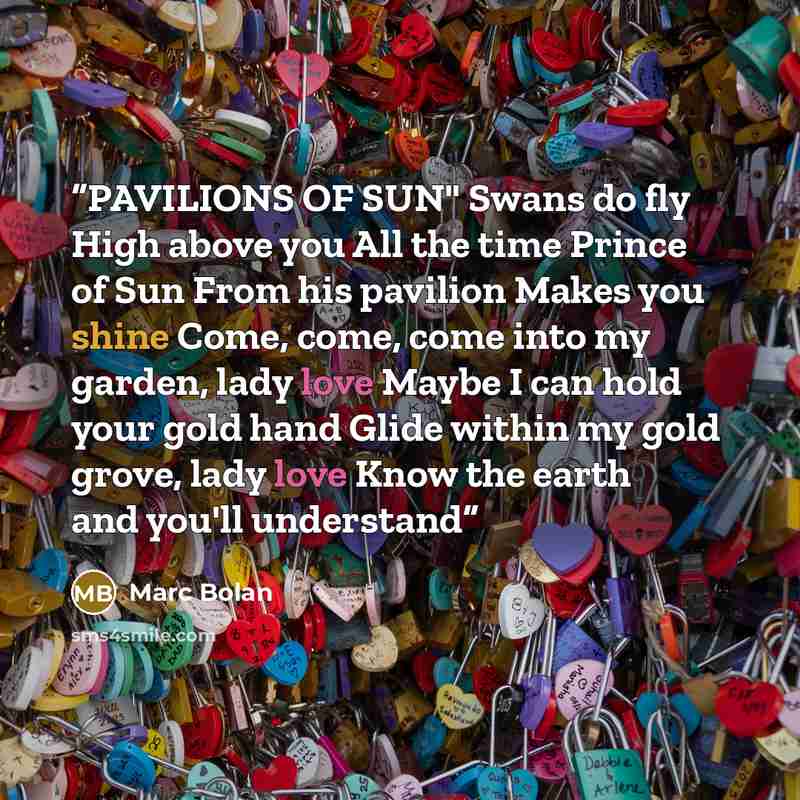 “PAVILIONS OF SUN" Swans do fly High above you All the time Prince of Sun From his pavilion Makes you shine Come, come, come into my garden, lady love Maybe I can hold your gold hand Glide within my gold grove, lady love Know the earth and you'll understand” quote by Marc Bolan