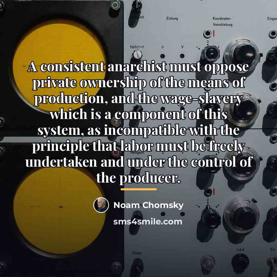 “A consistent anarchist must oppose private ownership of the means…” quote by Noam Chomsky