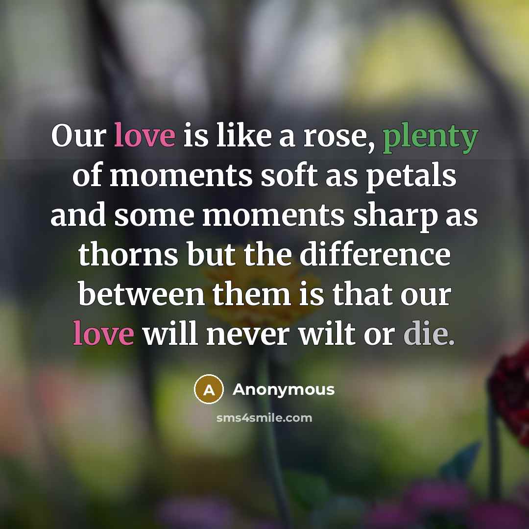 “Our love is like a rose, plenty of moments soft as petals and some moments sharp as thorns but the difference between them is that our love will never wilt or die.” quote by Anonymous