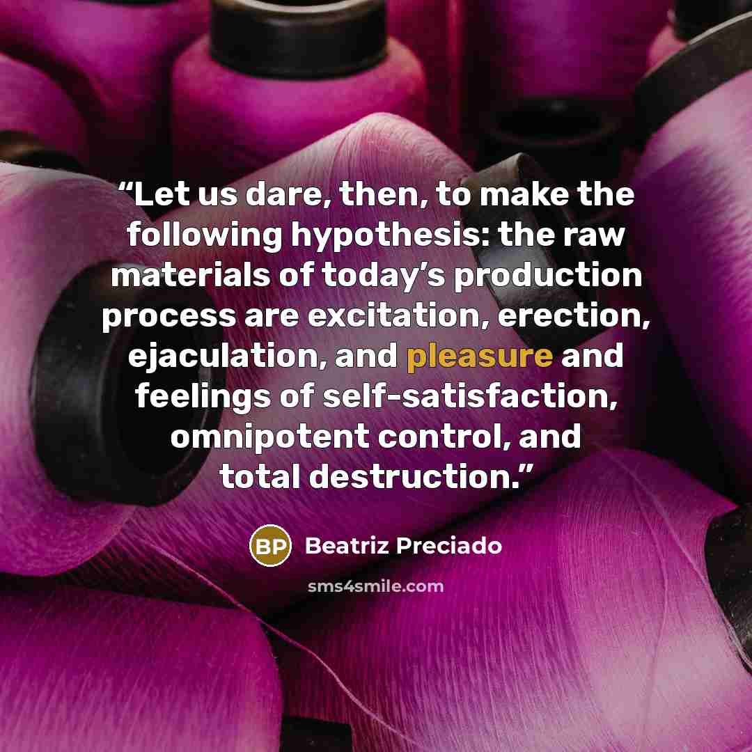 “Let us dare, then, to make the following hypothesis: the raw materials of today’s production process are excitation, erection, ejaculation, and pleasure and feelings of self-satisfaction, omnipotent control, and total destruction.” quote by Beatriz Preciado