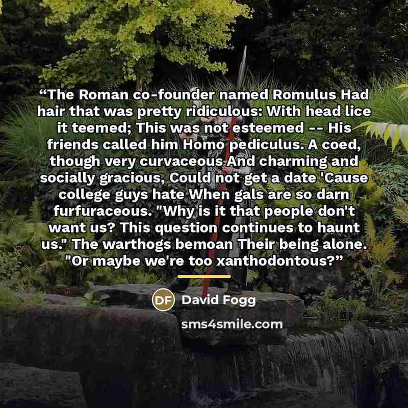 “The Roman co-founder named Romulus Had hair that was pretty ridiculous: With head lice it teemed; This was not esteemed -- His friends called him Homo pediculus. A coed, though very curvaceous And charming and socially gracious, Could not get a date 'Cause college guys hate When gals are so darn…” quote by David Fogg