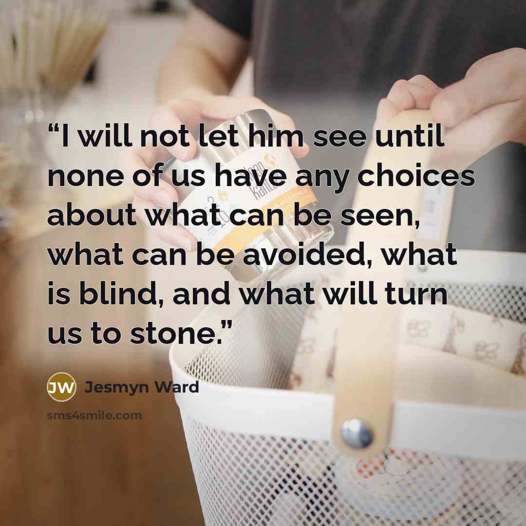 “I will not let him see until none of us have any choices about what can be seen, what can be avoided, what is blind, and what will turn us to stone.” quote by Jesmyn Ward