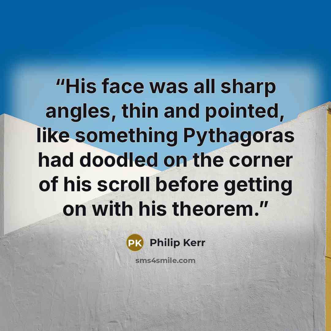 “His face was all sharp angles, thin and pointed, like something Pythagoras had doodled on the corner of his scroll before getting on with his theorem.” quote by Philip Kerr