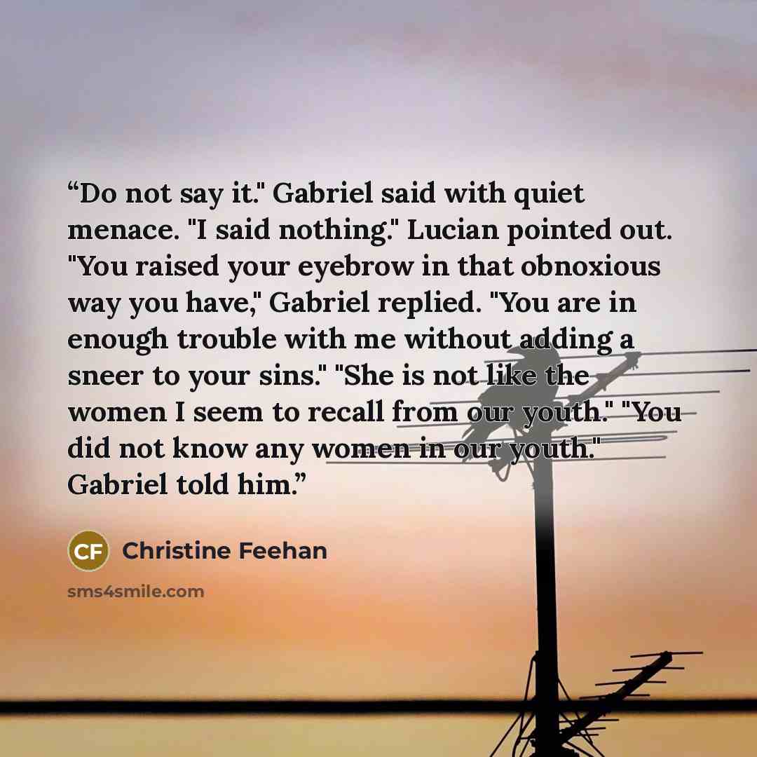 “Do not say it." Gabriel said with quiet menace. "I said nothing." Lucian pointed out. "You raised your eyebrow in that obnoxious way you have," Gabriel replied. "You are in enough trouble with me without adding a sneer to your sins." "She is not like the women I seem to recall from our youth."…” quote by Christine Feehan