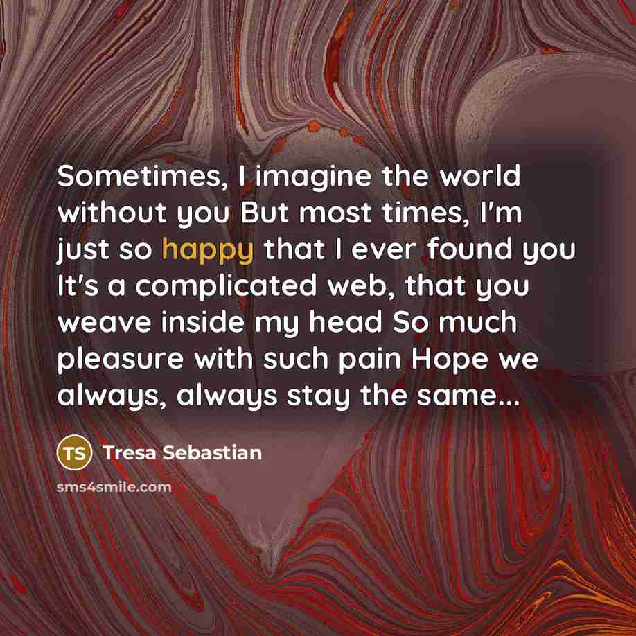 “Sometimes, I imagine the world without you But most times,…” quote by Tresa Sebastian